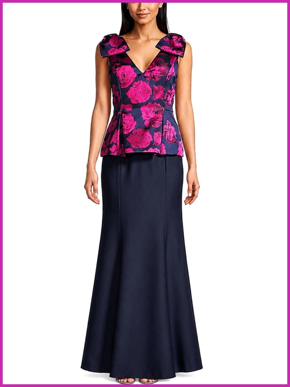 Aidan Mattox Floral Magenta Pink & Navy Gown Dress